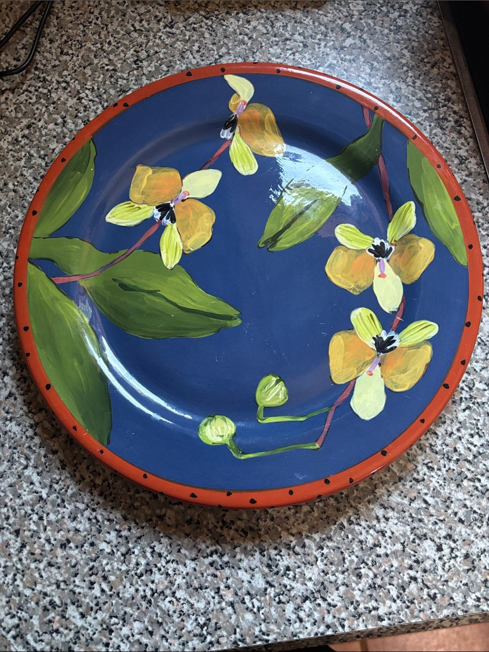 Hand-Painted Ceramic Wall Plate in Deep Blue with Yellow Floral Design